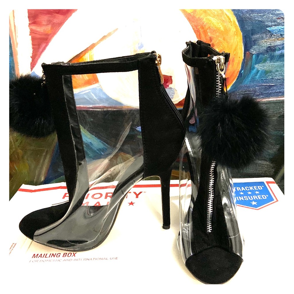 Clear heels W/ Cute Fur ball.